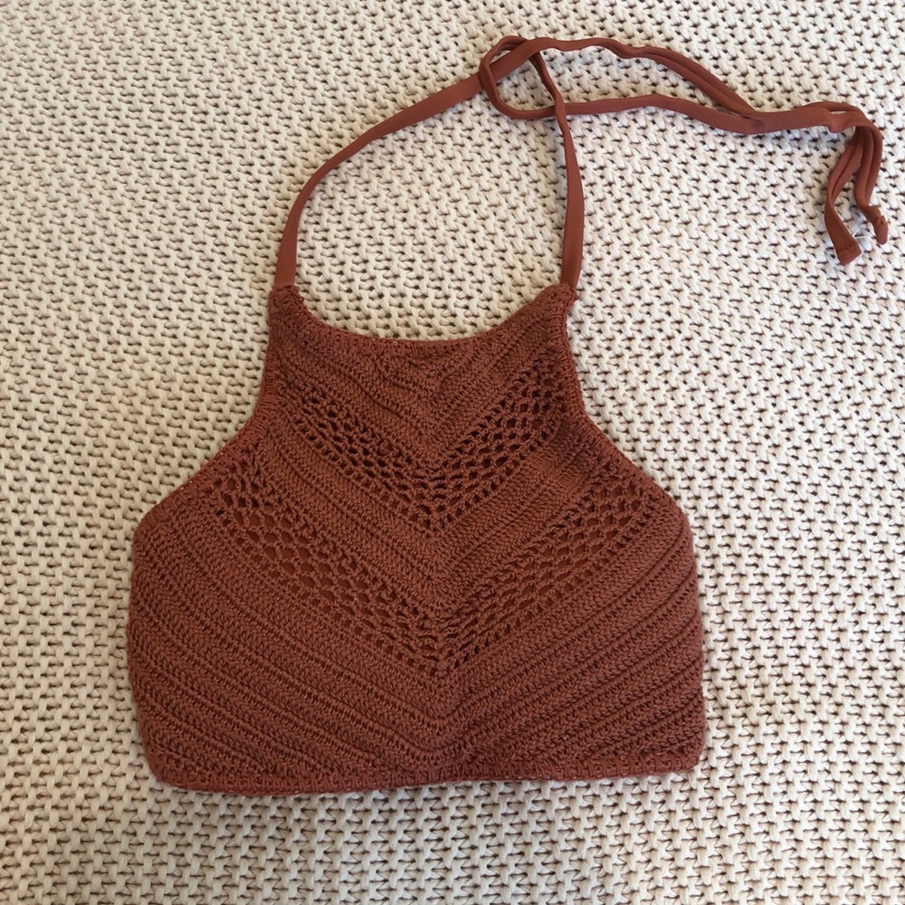 Boho bikini top brown crochet pattern and lace up